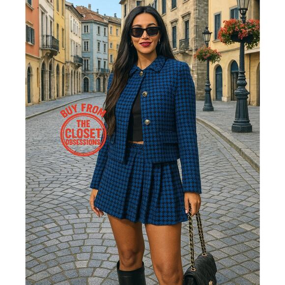 ZARA Blogger Fave Blue Houndstooth Blazer & Skort Co-Ord Set NWT - Picture 3 of 16